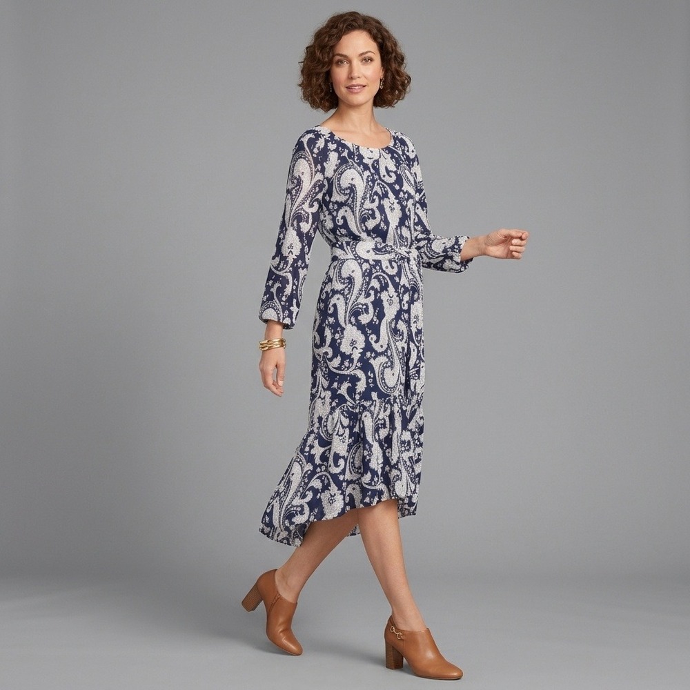 Talbots Dress Womens Size XL Navy Paisley Flounce Hem Balloon Sleeve Belt NWT
